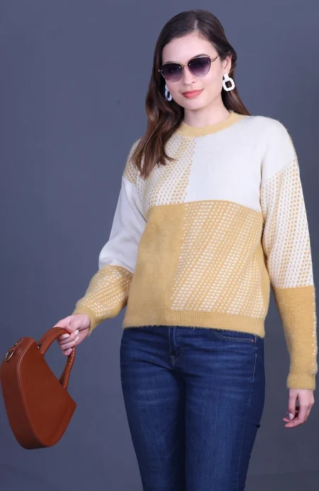 Mustard Full Sleeve Woolen Round Neck Sweater For Women