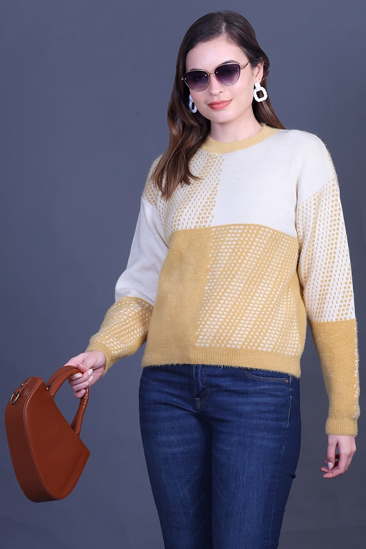 Mustard Full Sleeve Woolen Round Neck Sweater For Women