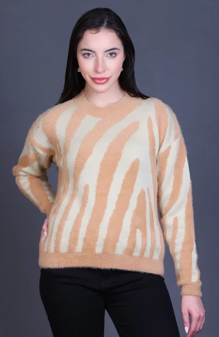 Beige Full Sleeve Woolen Round Neck Sweater For Women