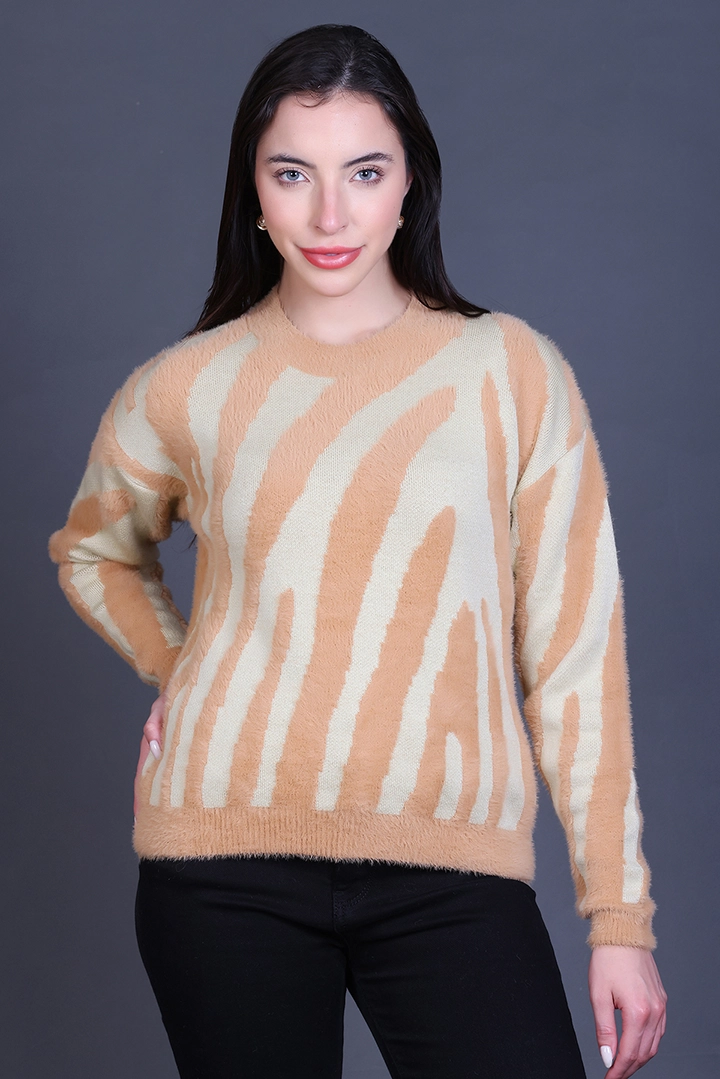 Beige Full Sleeve Woolen Round Neck Sweater For Women