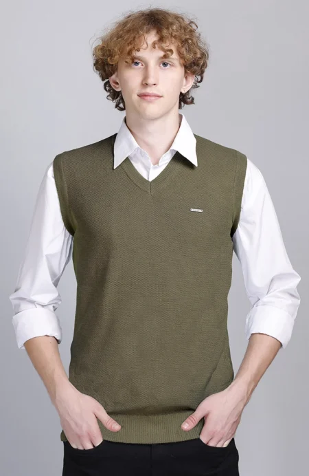 Olive V-Neck Sleeveless Sweater Vest Men