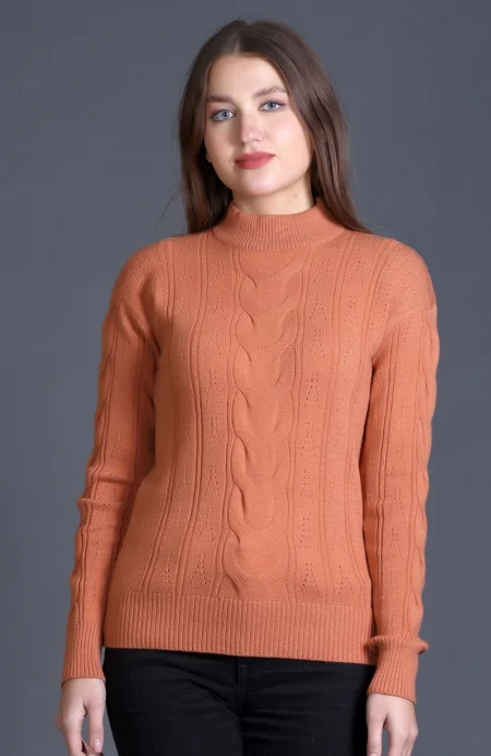 Burnt Orange Full Sleeve Woolen Round Neck Sweater For Women