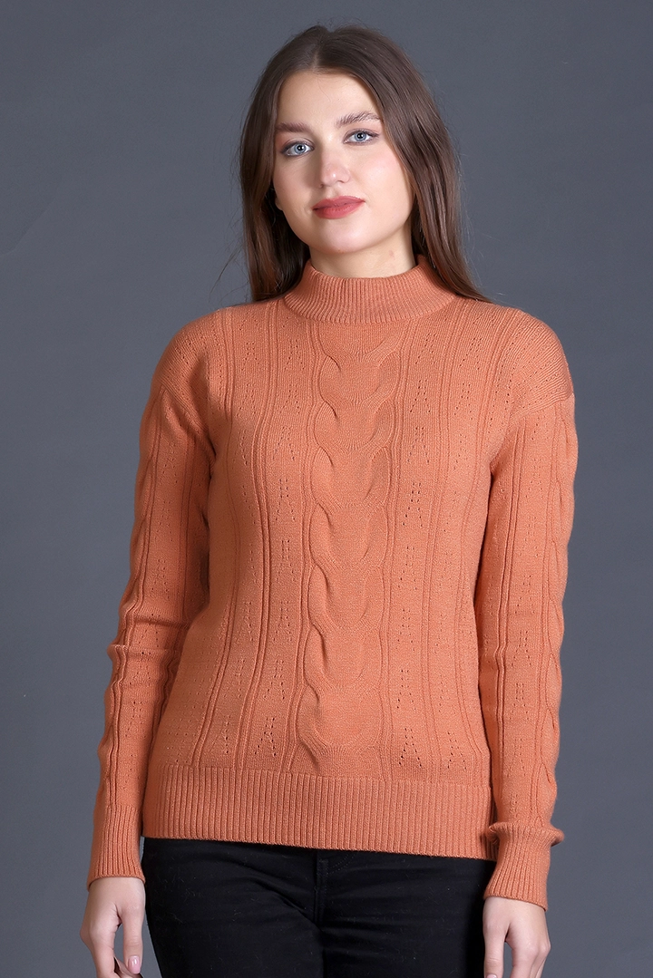 Burnt Orange Full Sleeve Woolen Round Neck Sweater For Women