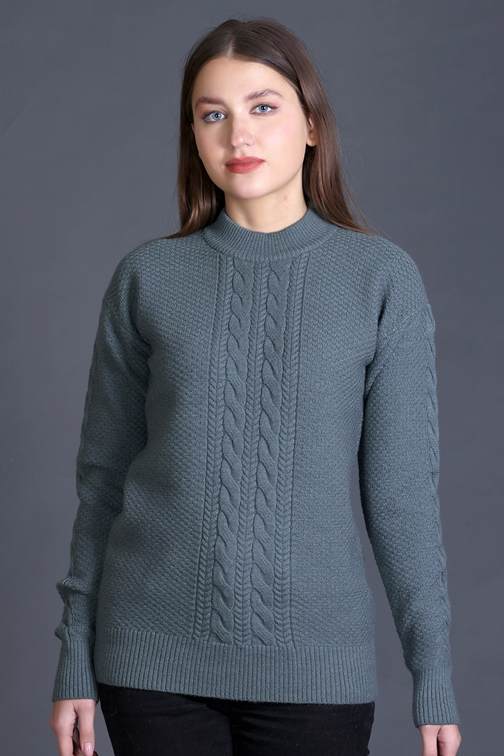 Smoke Green Full Sleeve Woolen Round Neck Sweater For Women