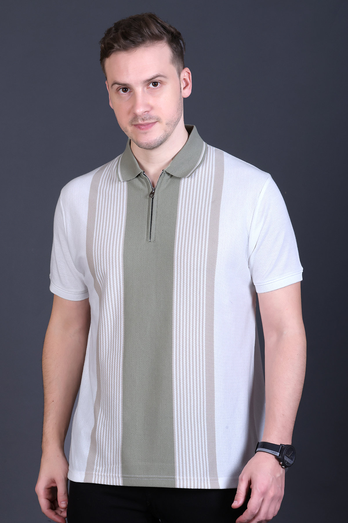 White Half Sleeve Zipper Polo T-Shirt for Men