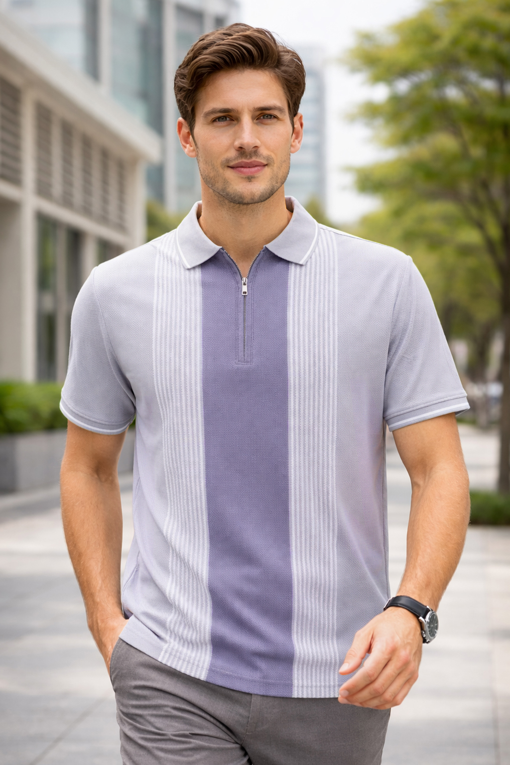 Levender Half Sleeve Zipper Polo T-Shirt for Men