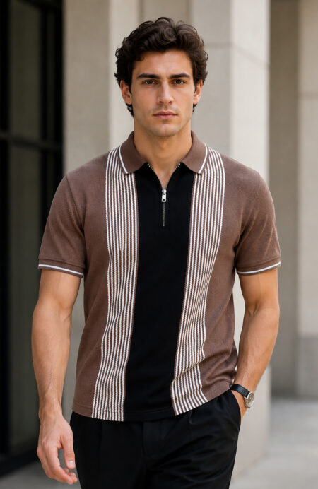 Chocolate Brown Half Sleeve Zipper Polo T-Shirt for Men