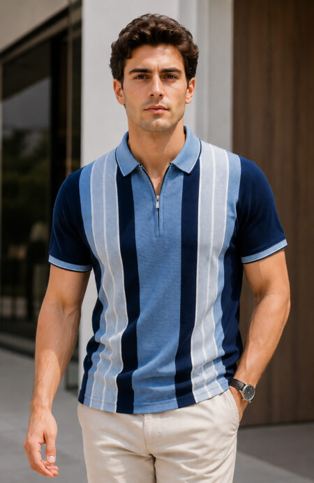Navy Half Sleeve Zipper Polo T-Shirt for Men