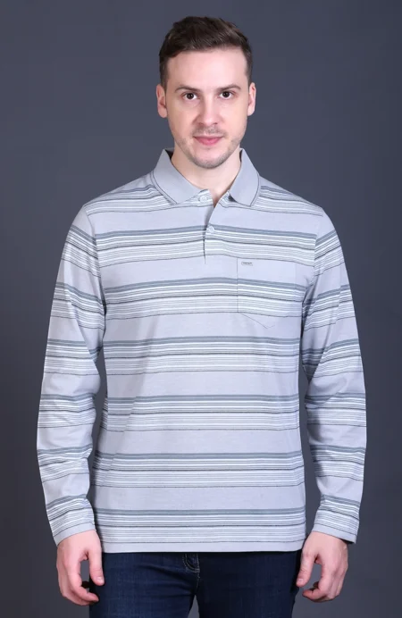 Light Grey Striped Cotton Men Full Sleeve Polo T Shirts With Pocket