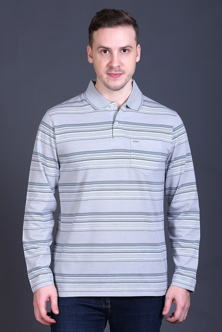 Light Grey Striped Cotton Men Full Sleeve Polo T Shirts With Pocket