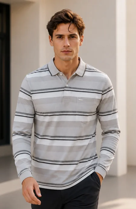 Beige Striped Cotton Men Full Sleeve Polo T Shirts With Pocket