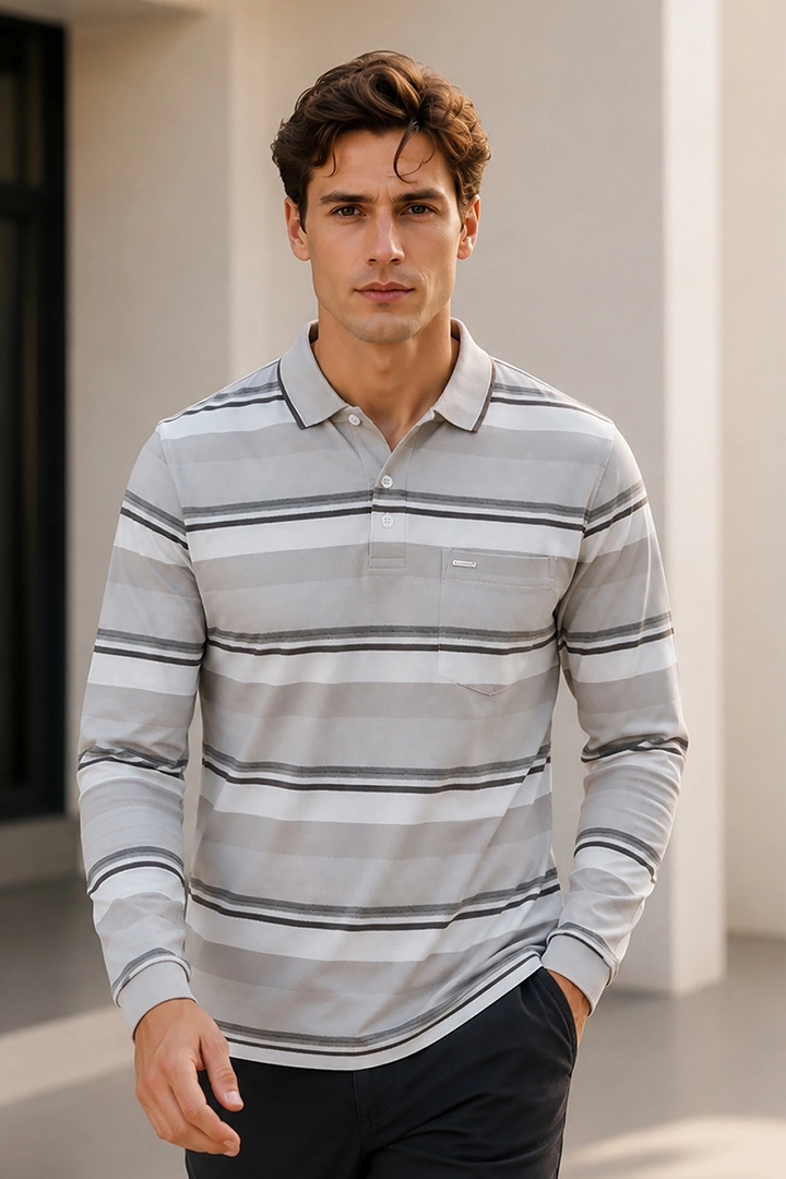 Beige Striped Cotton Men Full Sleeve Polo T Shirts With Pocket