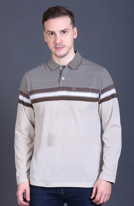 Beige Striped Cotton Men Full Sleeve Polo T Shirts With Pocket