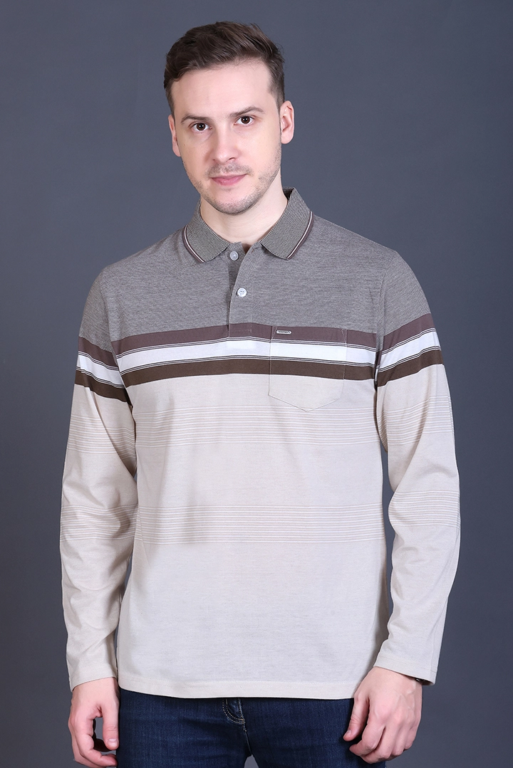 Beige Striped Cotton Men Full Sleeve Polo T Shirts With Pocket