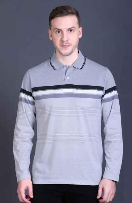 Light Grey Striped Cotton Men Full Sleeve Polo T Shirts With Pocket