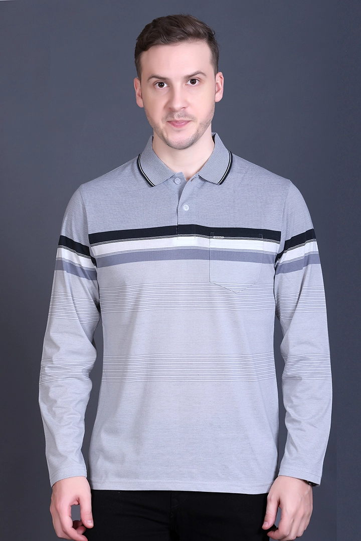 Light Grey Striped Cotton Men Full Sleeve Polo T Shirts With Pocket