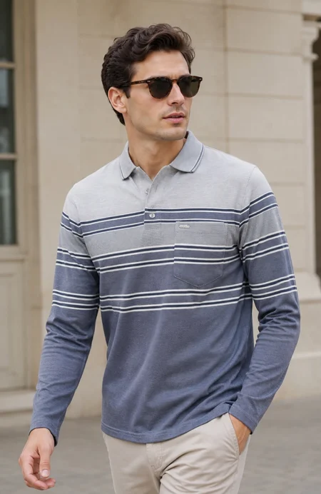 Denim Striped Cotton Men Full Sleeve Polo T Shirts With Pocket