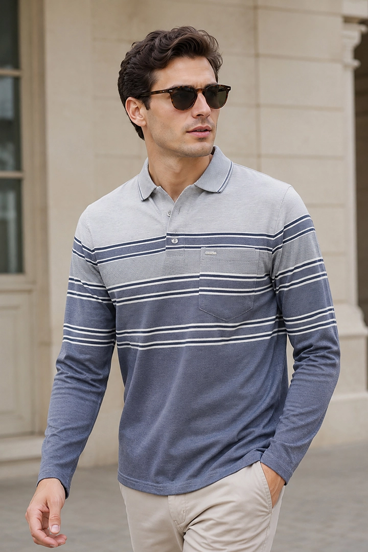 Denim Striped Cotton Men Full Sleeve Polo T Shirts With Pocket