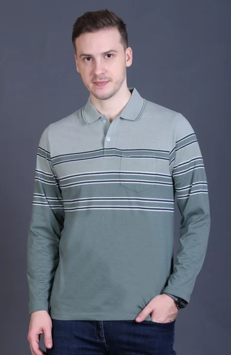 Roasted Green Striped Cotton Men Full Sleeve Polo T Shirts With Pocket