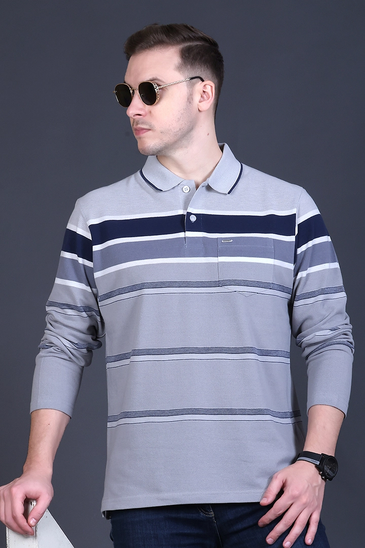 Denim Striped Cotton Men Full Sleeve Polo T Shirts With Pocket