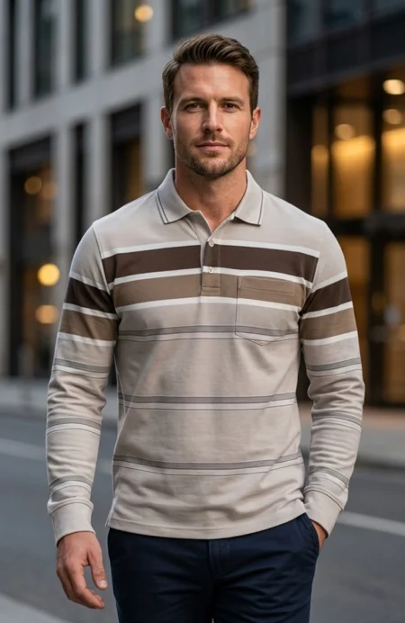 Beige Striped Cotton Men Full Sleeve Polo T Shirts With Pocket