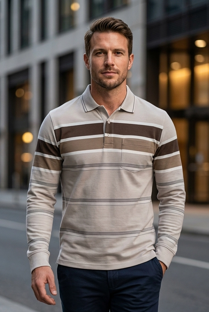 Beige Striped Cotton Men Full Sleeve Polo T Shirts With Pocket