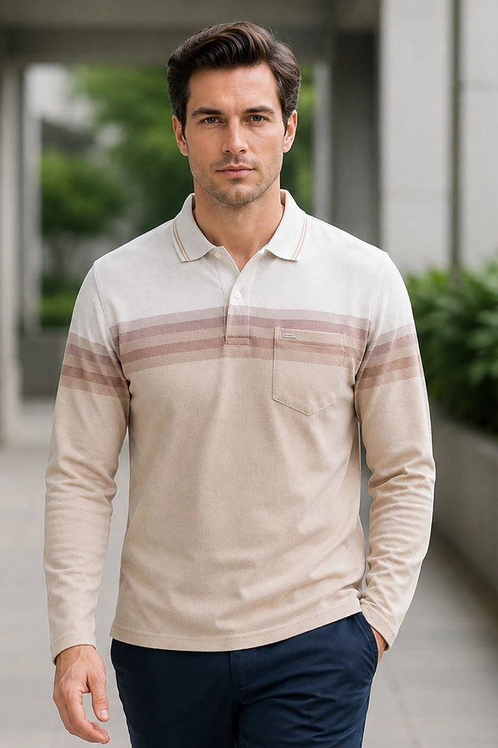 Beige Striped Cotton Men Full Sleeve Polo T Shirts With Pocket