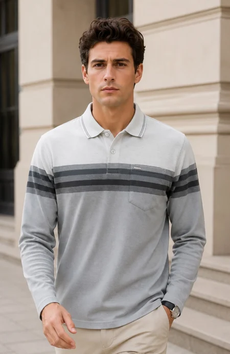 Medium Grey Striped Cotton Men Full Sleeve Polo T Shirts With Pocket