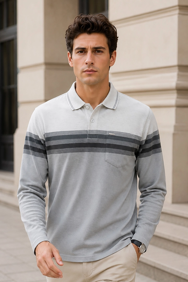 Medium Grey Striped Cotton Men Full Sleeve Polo T Shirts With Pocket