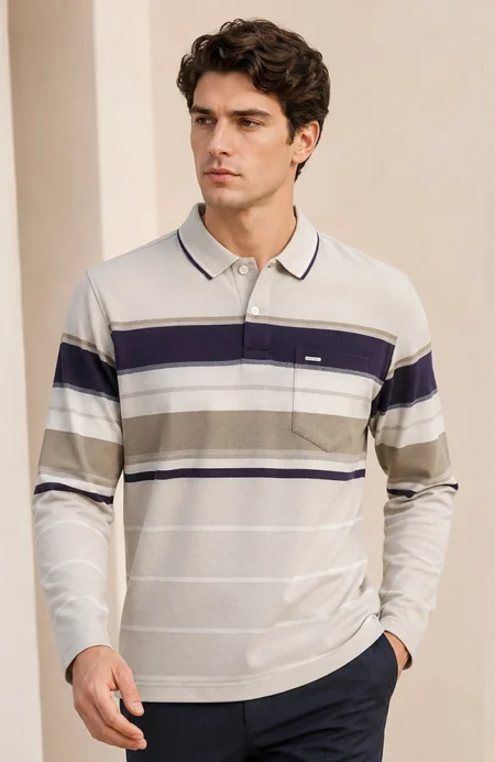Pista Striped Cotton Men Full Sleeve Polo T Shirts With Pocket