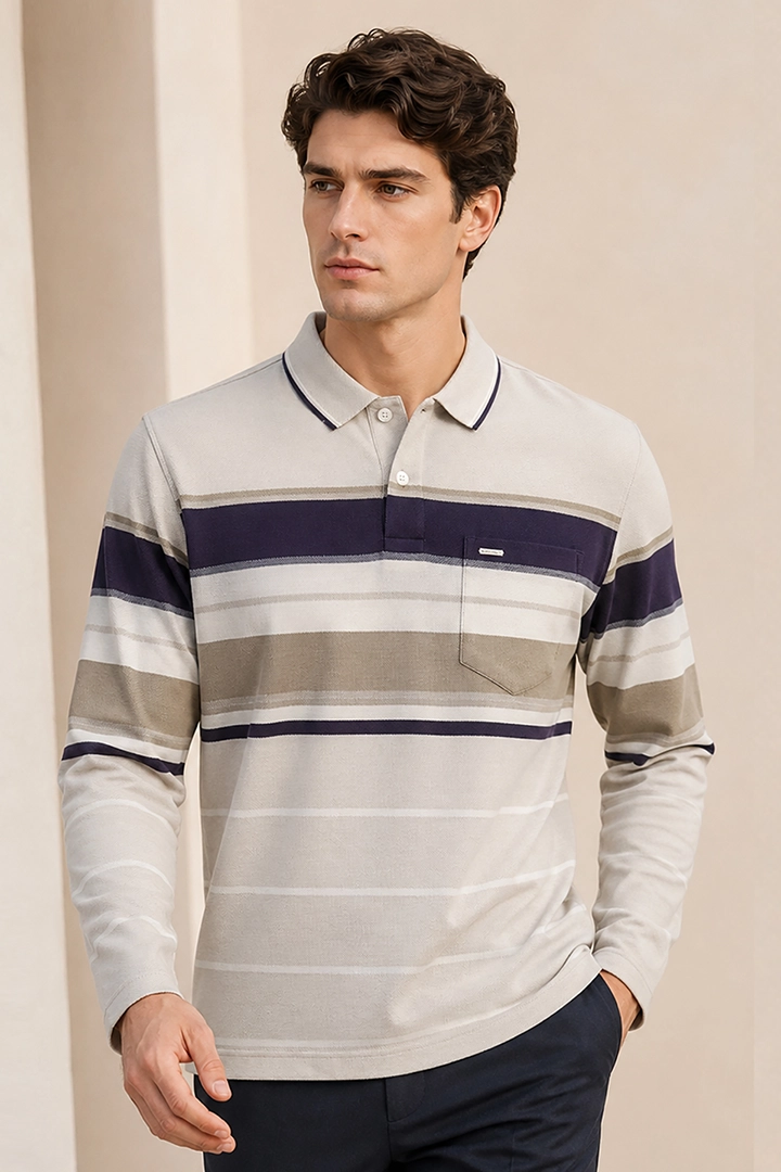 Beige Striped Cotton Men Full Sleeve Polo T Shirts With Pocket