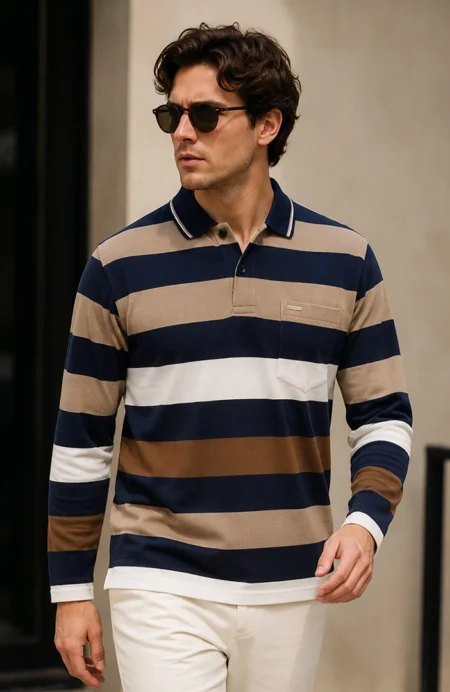 Navy Striped Cotton Men Full Sleeve Polo T Shirts With Pocket