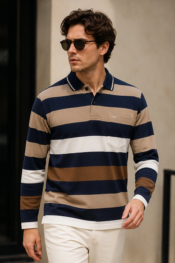 Navy Striped Cotton Men Full Sleeve Polo T Shirts With Pocket