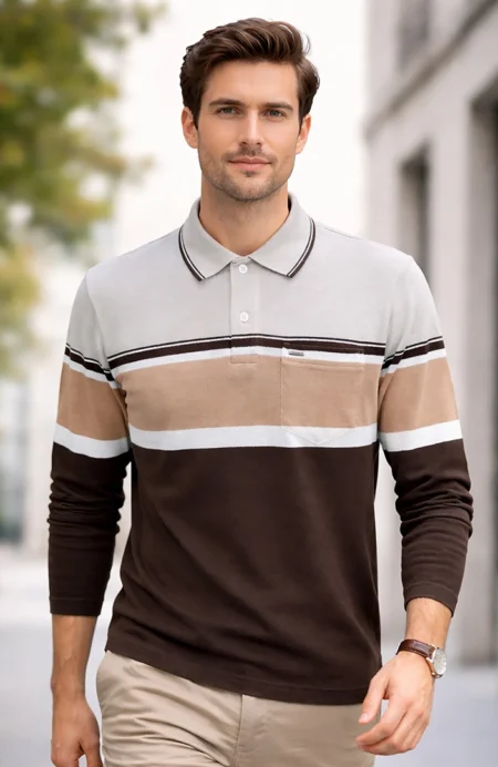 Coco Brown Striped Cotton Men Full Sleeve Polo T Shirts With Pocket