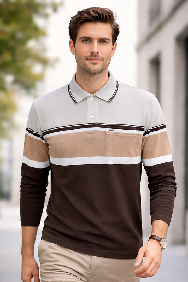 Coco Brown Striped Cotton Men Full Sleeve Polo T Shirts With Pocket