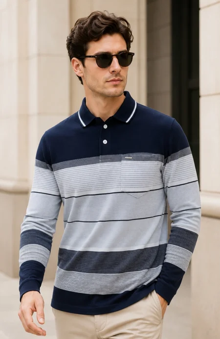Navy Striped Cotton Men Full Sleeve Polo T Shirts With Pocket