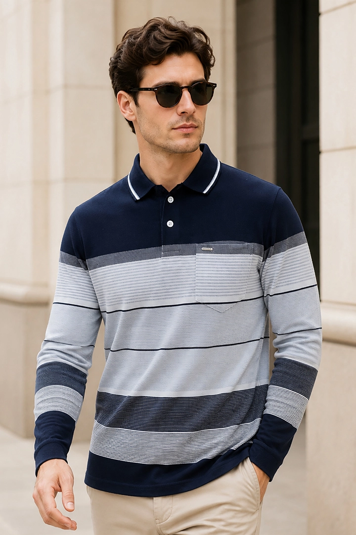 Navy Striped Cotton Men Full Sleeve Polo T Shirts With Pocket