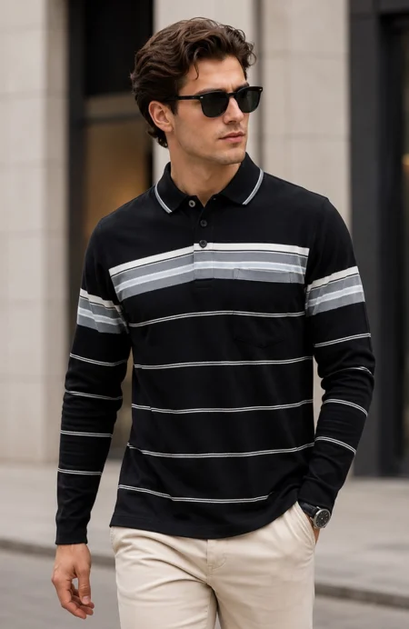 Black Striped Cotton Men Full Sleeve Polo T Shirts With Pocket