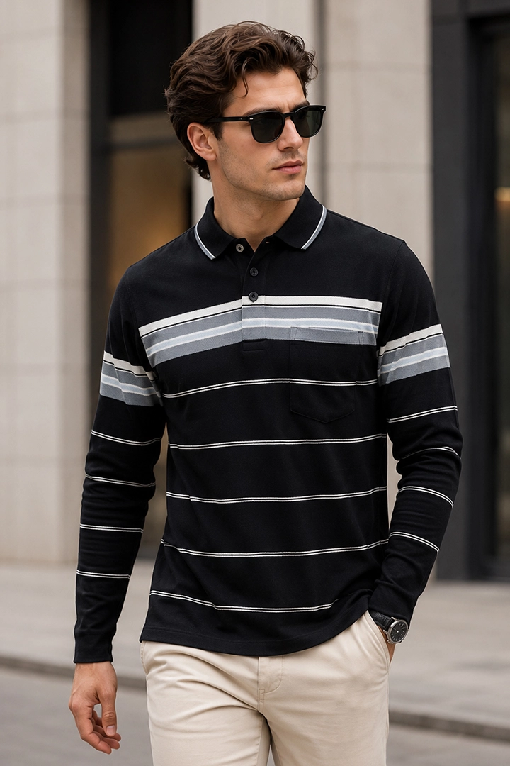 Black Striped Cotton Men Full Sleeve Polo T Shirts With Pocket